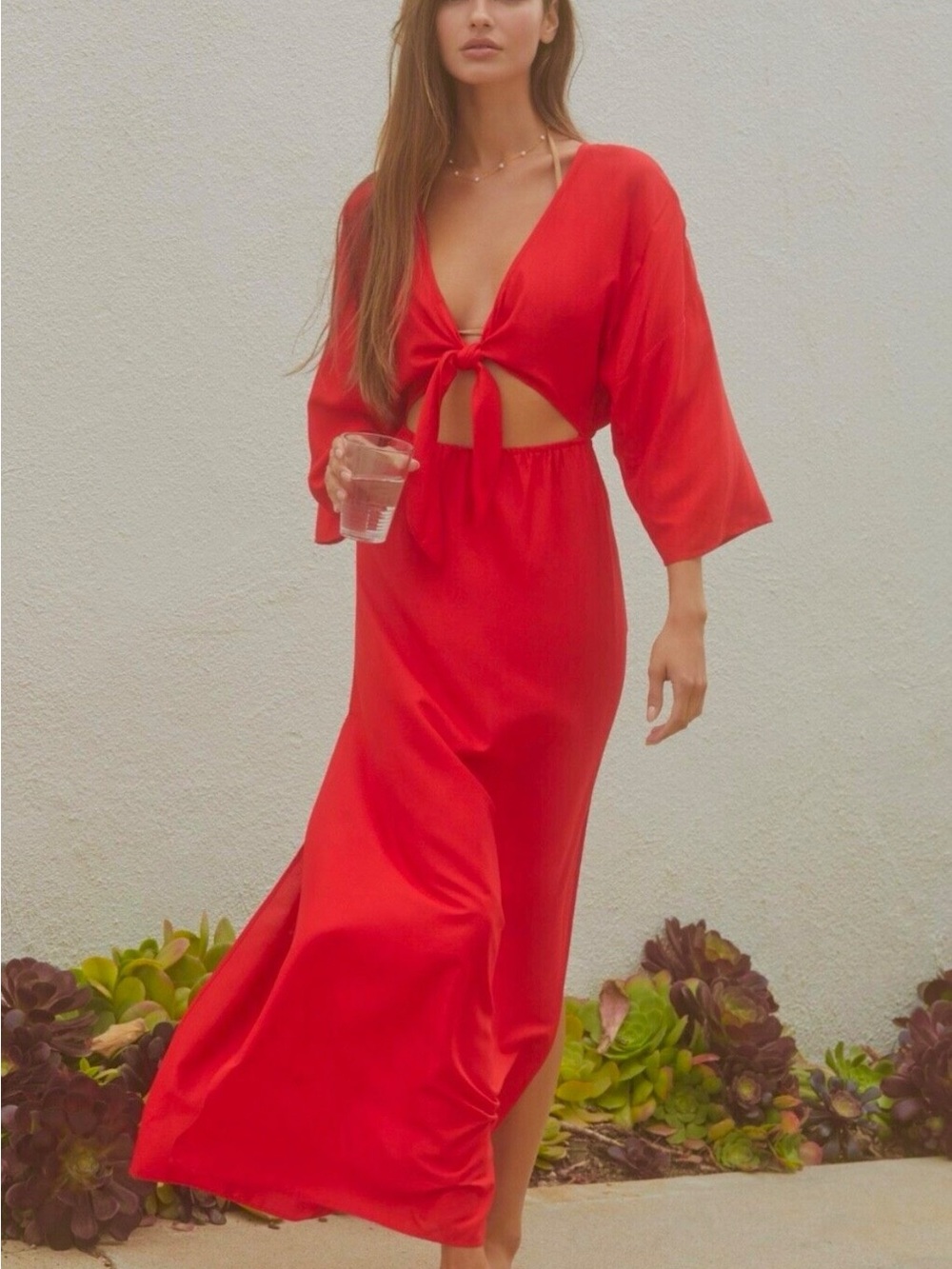 Anthropologie Red Tie-Front Maxi Dress